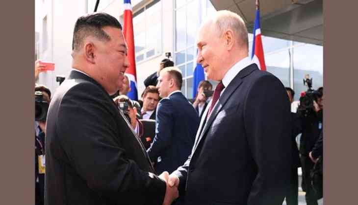 A file picture of North Korean leader Kim Jong Un with Russian President Vladamir Putin