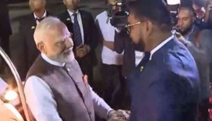 Guyanese President along with Cabinet members receiving PM Modi at the Airport